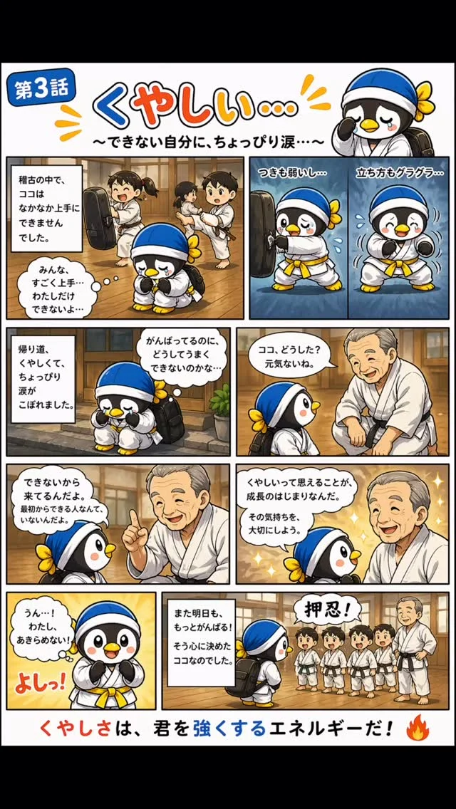 第3話：くやしい
ミット打ちも、立ち方も上手くできない。
帰り道、ちょっと涙…。
でも先生の一言
「できないから来てるんだよ」

キャンペーン大好評につき若干名追加いたします
ただいま入会キャンペーン中！！
お問い合わせも多く見学や体験も随時募集しています。
☆☆☆☆☆☆☆☆☆☆☆☆☆
【長崎地区】
小菅道場　　　　(火)(土)18:40〜20:40
油木道場　　　　(水)  19:15〜21:00
横尾道場　　　　(金)  19:30〜21:30
矢上道場　　　　(金)  19:20〜21:00

【県北地区】
若竹台道場　　　(月)  19:15〜21:00
佐々道場　　　　(月)(木) 19:15〜21:00
名切道場　　　　(水)  19:15〜21:00
三川内道場　　　(木)  19:15〜21:00
相浦道場 ............(金)  19:00〜21:00

【県央地区】
諫早道場　　　　(月)(木)18:40〜20:40
喜々津道場　　　(水)18:30〜21:00
大村道場　　　　(水)19:00〜20:30

【島原地区】
島原道場　　　　(月)19:00〜21:00
深江道場 ............(火)(金)20:00〜21:30

見学や体験お待ちしております。
 #長崎 #新極真会 #空手#長崎空手#佐世保