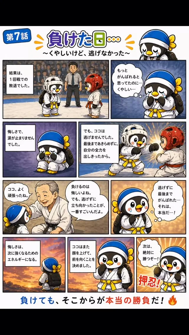 第7話：負けた日
結果は敗北。
でも、逃げずに立った自分に気づく。
👉テーマ：負けの価値

キャンペーン大好評につき若干名追加いたします
ただいま入会キャンペーン中！！
お問い合わせも多く見学や体験も随時募集しています。
☆☆☆☆☆☆☆☆☆☆☆☆☆
【長崎地区】
小菅道場　　　　(火)(土)18:40〜20:40
油木道場　　　　(水)  19:15〜21:00
横尾道場　　　　(金)  19:30〜21:30
矢上道場　　　　(金)  19:20〜21:00

【県北地区】
若竹台道場　　　(月)  19:15〜21:00
佐々道場　　　　(月)(木) 19:15〜21:00
名切道場　　　　(水)  19:15〜21:00
三川内道場　　　(木)  19:15〜21:00
相浦道場 ............(金)  19:00〜21:00

【県央地区】
諫早道場　　　　(月)(木)18:40〜20:40
喜々津道場　　　(水)18:30〜21:00
大村道場　　　　(水)19:00〜20:30

【島原地区】
島原道場　　　　(月)19:00〜21:00
深江道場 ............(火)(金)20:00〜21:30

見学や体験お待ちしております。
 #長崎 #新極真会 #空手#長崎空手#佐世保