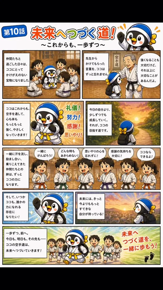 第10話：ありがとう
結果はどうあれ――
ココは笑って言う。
「いってきます！」ではなく
「ただいま！」
そしてまた新しい挑戦へ。
👉テーマ：終わりじゃなく始まり

キャンペーン大好評につき若干名追加いたします
ただいま入会キャンペーン中！！
お問い合わせも多く見学や体験も随時募集しています。
☆☆☆☆☆☆☆☆☆☆☆☆☆
【長崎地区】
小菅道場　　　　(火)(土)18:40〜20:40
油木道場　　　　(水)  19:15〜21:00
横尾道場　　　　(金)  19:30〜21:30
矢上道場　　　　(金)  19:20〜21:00

【県北地区】
若竹台道場　　　(月)  19:15〜21:00
佐々道場　　　　(月)(木) 19:15〜21:00
名切道場　　　　(水)  19:15〜21:00
三川内道場　　　(木)  19:15〜21:00
相浦道場 ............(金)  19:00〜21:00

【県央地区】
諫早道場　　　　(月)(木)18:40〜20:40
喜々津道場　　　(水)18:30〜21:00
大村道場　　　　(水)19:00〜20:30

【島原地区】
島原道場　　　　(月)19:00〜21:00
深江道場 ............(火)(金)20:00〜21:30

見学や体験お待ちしております。
 #長崎 #新極真会 #空手#長崎空手#佐世保