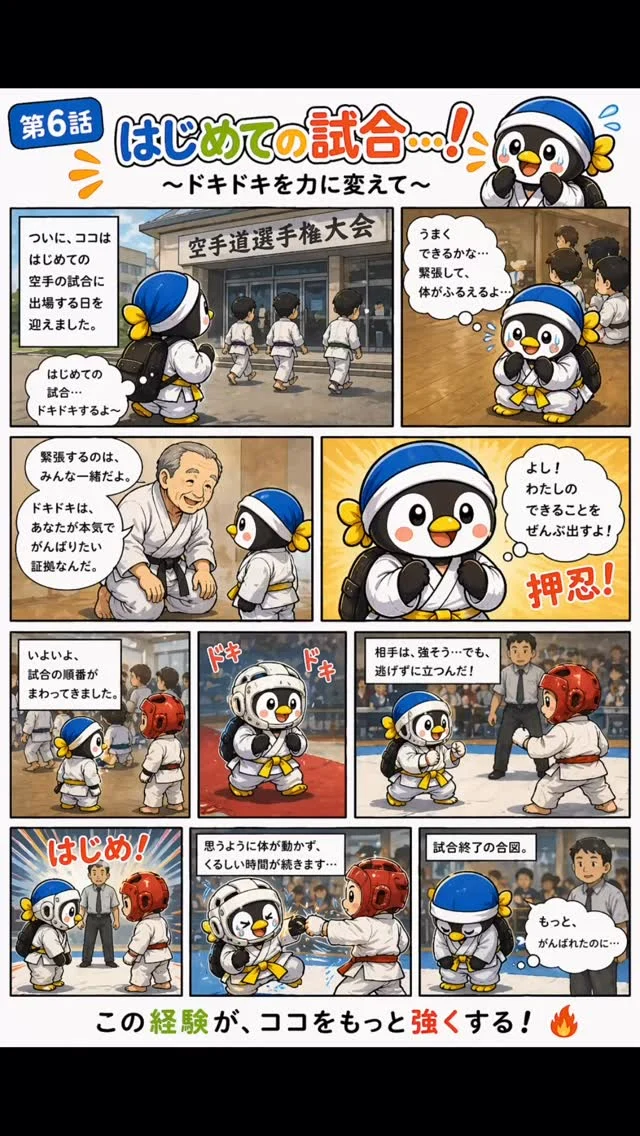 第6話：はじめての試合
ついに大会に挑戦。
緊張で体が動かない。
👉テーマ：本番の恐怖

キャンペーン大好評につき若干名追加いたします
ただいま入会キャンペーン中！！
お問い合わせも多く見学や体験も随時募集しています。
☆☆☆☆☆☆☆☆☆☆☆☆☆
【長崎地区】
小菅道場　　　　(火)(土)18:40〜20:40
油木道場　　　　(水)  19:15〜21:00
横尾道場　　　　(金)  19:30〜21:30
矢上道場　　　　(金)  19:20〜21:00

【県北地区】
若竹台道場　　　(月)  19:15〜21:00
佐々道場　　　　(月)(木) 19:15〜21:00
名切道場　　　　(水)  19:15〜21:00
三川内道場　　　(木)  19:15〜21:00
相浦道場 ............(金)  19:00〜21:00

【県央地区】
諫早道場　　　　(月)(木)18:40〜20:40
喜々津道場　　　(水)18:30〜21:00
大村道場　　　　(水)19:00〜20:30

【島原地区】
島原道場　　　　(月)19:00〜21:00
深江道場 ............(火)(金)20:00〜21:30

見学や体験お待ちしております。
 #長崎 #新極真会 #空手#長崎空手#佐世保