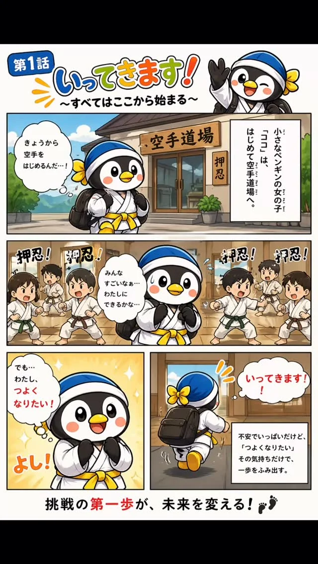 第1話：いってきます！
小さなペンギン「ココ」は、はじめて空手道場へ。
不安でいっぱいだけど
「つよくなりたい」その気持ちだけで一歩を踏み出す。

キャンペーン大好評につき若干名追加いたします
ただいま入会キャンペーン中！！
お問い合わせも多く見学や体験も随時募集しています。
☆☆☆☆☆☆☆☆☆☆☆☆☆
【長崎地区】
小菅道場　　　　(火)(土)18:40〜20:40
油木道場　　　　(水)  19:15〜21:00
横尾道場　　　　(金)  19:30〜21:30
矢上道場　　　　(金)  19:20〜21:00

【県北地区】
若竹台道場　　　(月)  19:15〜21:00
佐々道場　　　　(月)(木) 19:15〜21:00
名切道場　　　　(水)  19:15〜21:00
三川内道場　　　(木)  19:15〜21:00
相浦道場 ............(金)  19:00〜21:00

【県央地区】
諫早道場　　　　(月)(木)18:40〜20:40
喜々津道場　　　(水)18:30〜21:00
大村道場　　　　(水)19:00〜20:30

【島原地区】
島原道場　　　　(月)19:00〜21:00
深江道場 ............(火)(金)20:00〜21:30

見学や体験お待ちしております。
 #長崎 #新極真会 #空手#長崎空手#佐世保