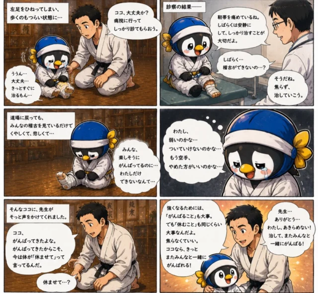 第6話の続き
少しずつ、少しずつ前へ。

強さって、
ただ勝つことじゃない。

苦しい時に逃げないこと。
仲間を信じること。
自分を信じ続けること。

そして――
ついに大会当日。

ココの挑戦が、今始まる🔥

「絶対に、あきらめない！」

次回、
ドキドキの大会編へ🥋