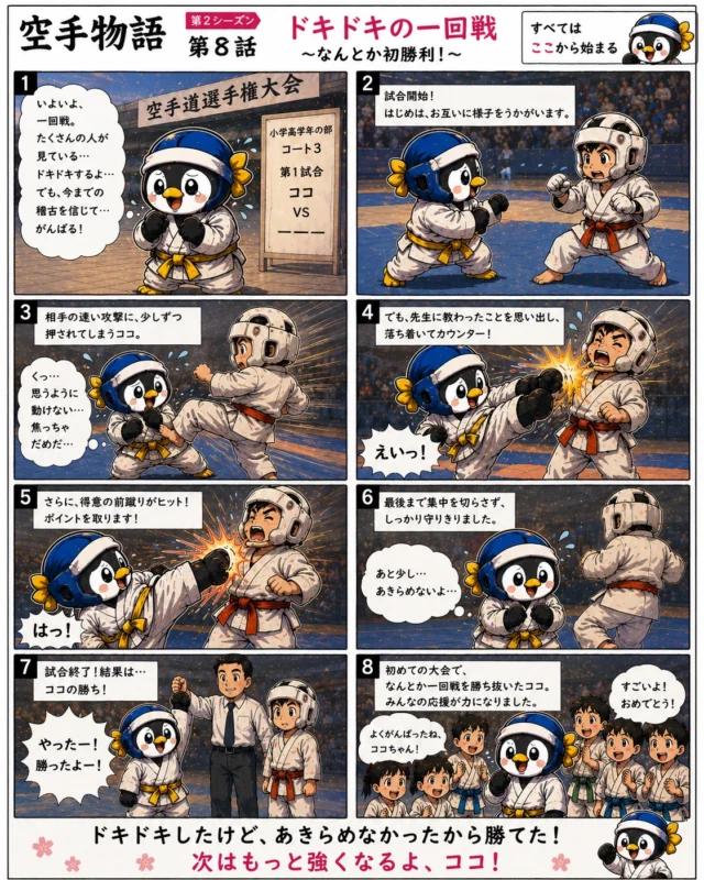 【空手物語 第8話】〜ドキドキの一回戦〜

ついに迎えた初めての大会。

たくさんの人に見られて、ココの心はドキドキ…。思うように動けず、焦ってしまう場面もありました。

それでも、今まで積み重ねてきた稽古を信じて、先生の言葉を思い出して、最後まであきらめずに戦いました。

“あきらめなかったから勝てた”

勝ったことも嬉しい。でもそれ以上に、怖くても逃げなかったこと。最後までやり切ったこと。それがココの大きな成長でした。

みんなの応援が、ココの力になりました✨

次はもっと強くなる！ココの挑戦はまだまだ続きます！

#空手物語#新極真会#空手#キッズ空手#挑戦