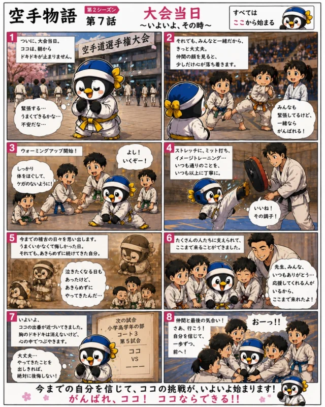 【空手物語 第7話】
「大会当日 〜いよいよ、その時〜」

ついに迎えた大会当日。
朝から止まらないドキドキ…。

「うまくできるかな…」
「負けたらどうしよう…」

不安はある。
でも、ここまで積み重ねてきた稽古は、絶対にムダじゃない。

仲間の声。
先生の言葉。
応援してくれるみんなの存在。

その全部が、ココの力になっていました。

強い人って、
“緊張しない人”じゃなくて、
“緊張しても前に進める人”なのかもしれない。

今までの自分を信じて――
いよいよ、ココの挑戦が始まります🔥

がんばれ、ココ！！

#空手物語
#新極真会
#空手
#キッズ空手
#挑戦
努力
仲間
成長
大会
頑張れココ
長崎支部
山田道場
全てはここから始まる