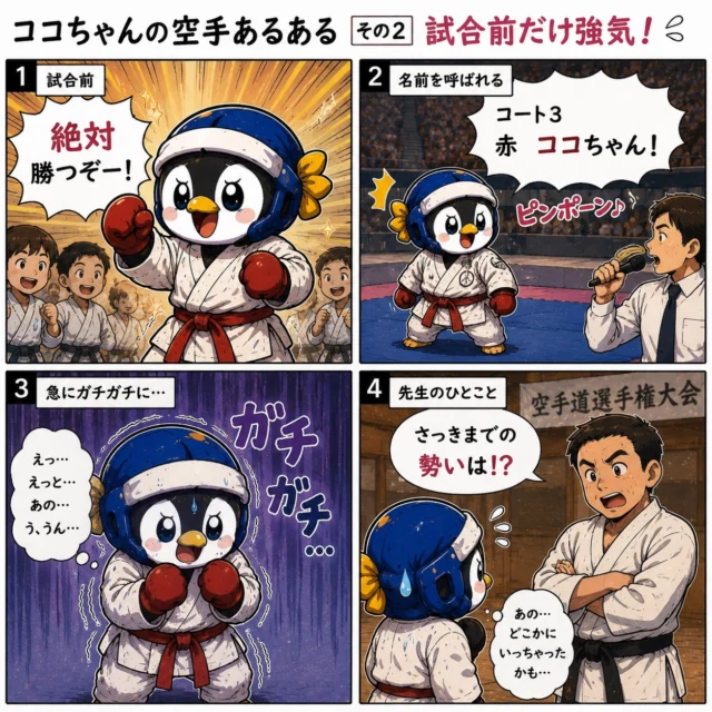 🥋【ココちゃんの空手あるある その2】 
＼試合前だけ強気！😂／

「絶対勝つぞー！！」 
って言ってたのに…

名前を呼ばれた瞬間、
急にガチガチになるの…
空手あるあるですよね🤣

でも、その緊張も
本気で頑張ってる証拠✨

みんなは試合前、
どんな気持ちになる？👀

「こんな空手あるあるある！」
ぜひコメントで教えてね🥋✨

#空手 #空手あるある #新極真会 #道場 #習い事