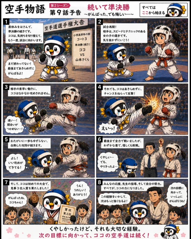 【空手物語 第9話】〜続いて準決勝〜

一回戦を勝ち抜き、次はいよいよ準決勝。

相手はスピードもテクニックもある強敵。何度もぶつかり合い、お互い一歩も引かない試合になりました。

ココも最後まであきらめず、全力で戦いました。

でも結果は、悔しい敗戦。

涙が出るほど悔しかった。「もっと強くなりたい」その気持ちが、ココの心に強く残りました。

それでも、試合後にしっかり相手へ礼をして、応援してくれた仲間や先生へ感謝するココ。

勝つことだけじゃない。悔しさも、努力も、経験も、全部が成長につながっていく。

そしてココは、初めての大会で3位入賞を果たしました✨

次の目標へ向かって、ココの挑戦はまだまだ続きます！

#空手物語#新極真会#空手#キッズ空手#挑戦