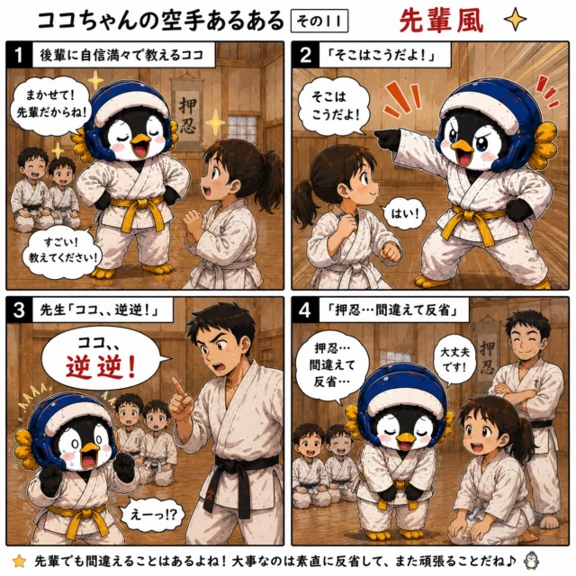 🐧✨【ココちゃんの空手あるある その11 先輩風】✨🐧

後輩ができると、ついつい教えたくなるもの😊

「そこはこうだよ！」
「まかせて！」

…と、自信満々だったココちゃん。

ところが先生から一言。

「ココ、それ逆逆！！😂」

恥ずかしくなったけど、
素直に「押忍！反省！」と言えるのも大切な強さです👊✨

空手は、教えることでも成長できるもの。
間違いを認めて学び続ける人が、本当に強くなっていくんですね😊

みなさんも
「自信満々だったのに間違えてた…」
そんな経験ありますか？🤣

コメントで教えてください👇

#空手あるある
#新極真会
#空手キッズ
#ココちゃんの空手物語