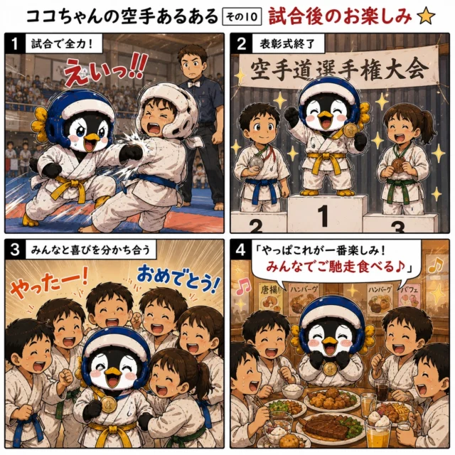 🐧✨【ココちゃんの空手あるある その10 試合後のお楽しみ】✨🐧

試合の時はドキドキ…💦
全力で戦って、勝っても負けてもヘトヘト😵‍💫

でも、表彰式が終わって仲間と集まる時間は特別✨

「よく頑張ったね！」
「おめでとう！」
「次も頑張ろう！」

みんなで笑いながらご飯を食べる時間が、実は一番のごほうびかもしれません😊

空手は試合だけじゃない。
仲間と喜びを分かち合い、一緒に成長できることも大きな魅力です👊✨

みなさんの試合後の楽しみは何ですか？🤔
ぜひコメントで教えてください♪

#空手あるある
#新極真会
#長崎空手
#ココちゃんの空手物語