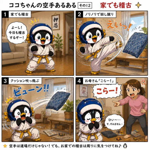 🥋🐧【ココちゃんの空手あるある その12 家でも稽古】🐧🥋

道場だけじゃなく、おうちでも稽古したくなるココちゃん✨

気合い十分で回し蹴り‼️
…のはずが、クッションが大空へ飛んでいきました🤣

空手を頑張るのはとても良いこと💪
でも、おうちでの稽古は周りの安全確認も忘れずに😊

お母さんに怒られたことがある人、
きっと一度はいるはず…？😂

みんなの「家でも空手あるある」もコメントで教えてね👇

#空手あるある
#ココちゃんの空手あるある
#新極真会
#空手キッズ
