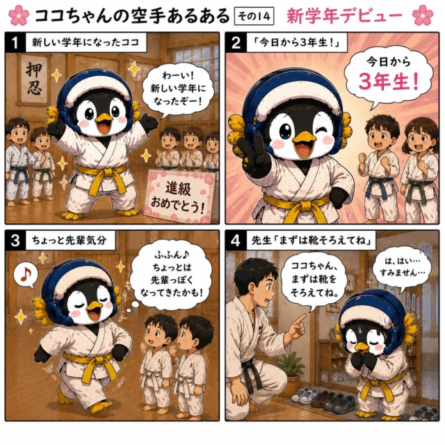 🌸🥋【ココちゃんの空手あるある その14 新学年デビュー】🥋🌸

新学年スタート✨

「今日から3年生！」
「なんだか先輩になった気分♪」

新しい学年になると、
少しだけお兄さん、お姉さんになった気がしますよね😊

でも…

空手で本当に大切なのは、
学年や帯の色ではなく、
挨拶・礼儀・靴をそろえること👟✨

先輩になるほど、
基本を大切にする姿がかっこいい🥋

ココちゃんも、
まずは靴をそろえるところから頑張ります😂

みんなは新学年で
「成長したな！」と思うことある？🌸
ぜひコメントで教えてね👇

#空手あるある
#新極真会
#空手キッズ
#礼儀作法