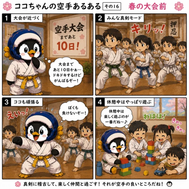 🌸🥋 ココちゃんの空手あるある その16【春の大会前】🥋🌸

春は大会シーズン！

大会が近づくと、みんなの表情も少しずつ真剣モードになります✨

「絶対勝ちたい！」
「去年より成長したい！」
「まずは全力を出し切りたい！」

それぞれの目標に向かって、一生懸命稽古を頑張っています😊

でも休憩時間になると…
やっぱりみんな元気いっぱい🤣

真剣に頑張る時間と、仲間と笑い合う時間。
その両方があるから空手は楽しいんですよね♪

長崎支部のみんなも、春の大会に向けてラストスパート！
一緒に頑張ろう🔥

「大会前あるある」もコメントで教えてね👇

#新極真会長崎支部
#山田道場
#長崎空手
#ココちゃんの空手あるある 🐧🌸🥋