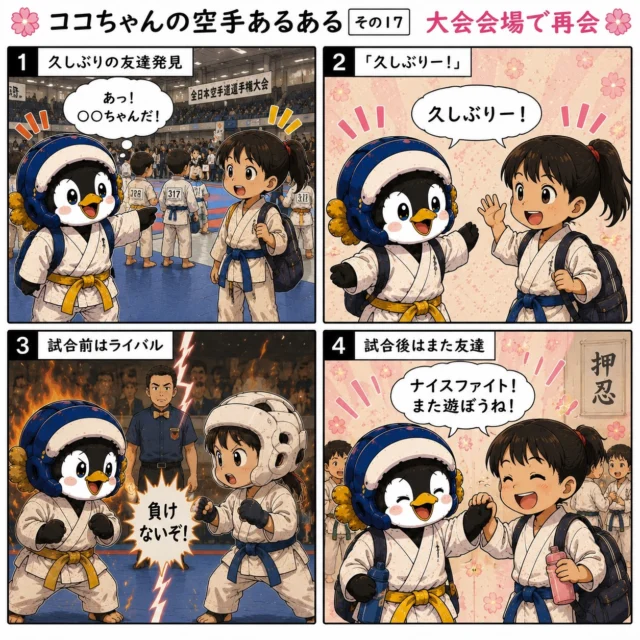 🌸🥋 ココちゃんの空手あるある その17【大会会場で再会】🥋🌸

大会の楽しみは試合だけじゃない😊

普段はなかなか会えない他の道場の仲間や、
遠征先で知り合った友達との再会も楽しみのひとつ✨

試合前はライバル🔥

「負けないぞ！」
「絶対勝つぞ！」

と真剣勝負ですが…

試合が終われば、
「ナイスファイト！」
「また会おうね！」

と笑顔で握手🤝

空手は勝ち負けだけではなく、
全国に仲間ができる素晴らしい武道です🥋✨

みんなは大会で再会する友達いるかな？
ぜひコメントで教えてね👇

#新極真会長崎支部
#山田道場
#長崎空手
#ココちゃんの空手あるある 🐧🌸🥋