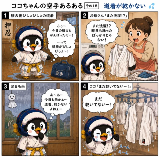 🌧️🥋 ココちゃんの空手あるある その18【道着が乾かない】🥋🌧️

梅雨の空手キッズ最大の敵…

それはライバルでもなく、
強い相手でもなく、

「乾かない道着」🤣

一生懸命稽古して汗だく💦
洗濯しても翌日はまた雨☔

「もう乾いたかな？」
と確認してみると…

「まだ乾いてないー！！😭」

空手を頑張るお父さん、お母さんにとっても梅雨は大変な季節ですね😅

それでも毎日稽古を頑張るみんなは本当に素晴らしい✨

みんなは梅雨の時期に困ることある？
ぜひコメントで教えてね👇

#新極真会長崎支部
#山田道場
#長崎空手
#ココちゃんの空手あるある 🐧☔🥋