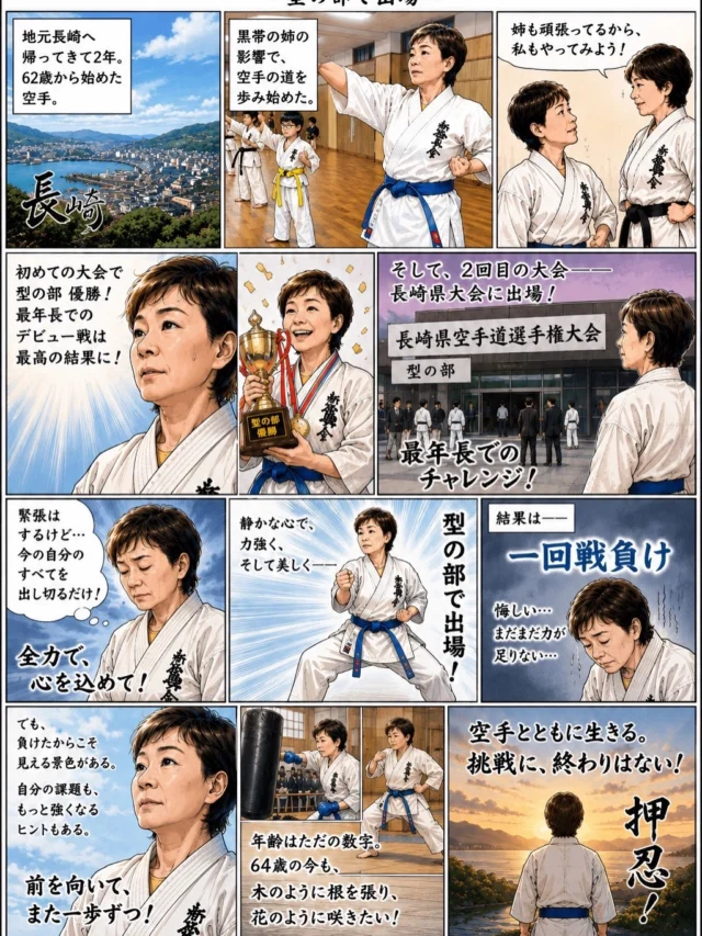 64歳での挑戦。

多くの人が「もう遅い」と考える年齢かもしれません。

しかし、ゆりこさんは違いました。

地元長崎に戻り、黒帯のお姉さんをキッカケに62歳から空手をスタート。はじめは覚えられず稽古についていけない、、それでもみんな優しく教えてくれて段々と上達して楽しくなりました(^^)

おかげで、初めての大会では型の部で優勝。みんなと喜びを分かち合いました🙌
そしてさらに精進し、長崎県大会へ挑戦！出場するか悩みましたが人生チャレンジ。

結果は一回戦敗退、、
それでも、この挑戦には大きな価値があります。

勝ったから素晴らしいのではなく、
負けても前を向き、また道場に立ち続ける姿こそが本当に尊い。

年齢はただの数字。

挑戦する心がある限り、人は成長し続けることができます。

ゆりこさんの姿は、道場生だけでなく、多くの人に勇気を与えてくれています。
#長崎空手#新極真会#チャレンジ