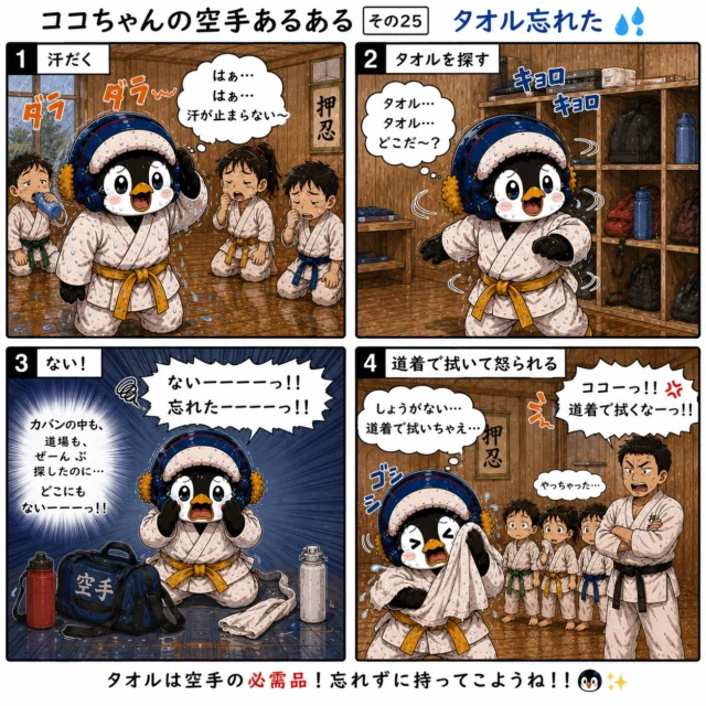 ☔🥋ココちゃんの空手あるある その25【タオル忘れた】🥋☔

「あれ？タオルどこだっけ…🤔」

稽古が終わって汗だく💦
バッグを探しても…
防具袋を探しても…
やっぱりないーーー！！😱

最後は道着でゴシゴシ…
すると先生から即ツッコミ🤣

「ココーー！！道着で拭くなー！！」

空手家の必需品といえば、
帯・サポーター・そしてタオル✨

忘れた時の絶望感は、
空手あるあるですよね😂

みなさんは最近、道場に何か忘れ物していませんか？👀

#新極真会長崎支部
#空手あるある
#ココちゃん
#押忍