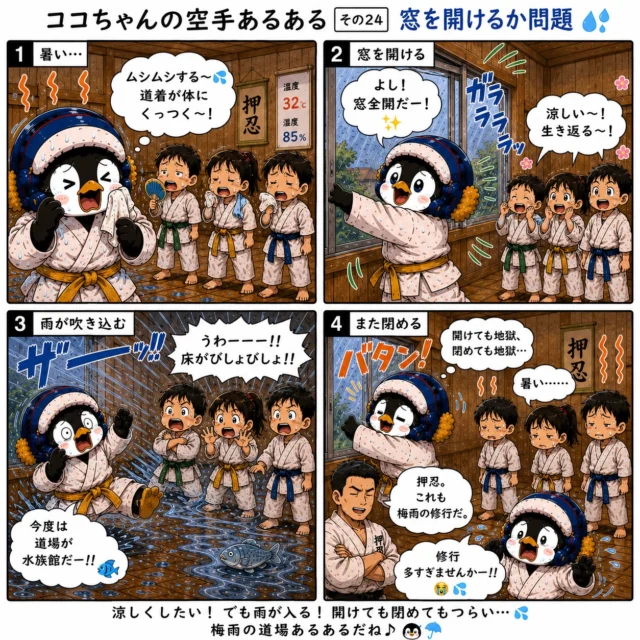 ☔🥋ココちゃんの空手あるある その24【窓を開けるか問題】🥋☔

梅雨の道場あるある🤣

「暑いから窓を開けよう！」
↓
「涼しい〜✨」
↓
ザーーーッ！！☔
↓
「閉めろーー！！」
↓
また暑い…🥵

開けても地獄、閉めても地獄。
それでも稽古は続くのです😂

長崎の梅雨はなかなか手強いですが、
そんな環境でも元気いっぱい稽古するみんなは本当にすごい👏✨

皆さんの道場でもこんなことありませんか？😆

#新極真会長崎支部
#空手あるある
#ココちゃん
#梅雨あるある