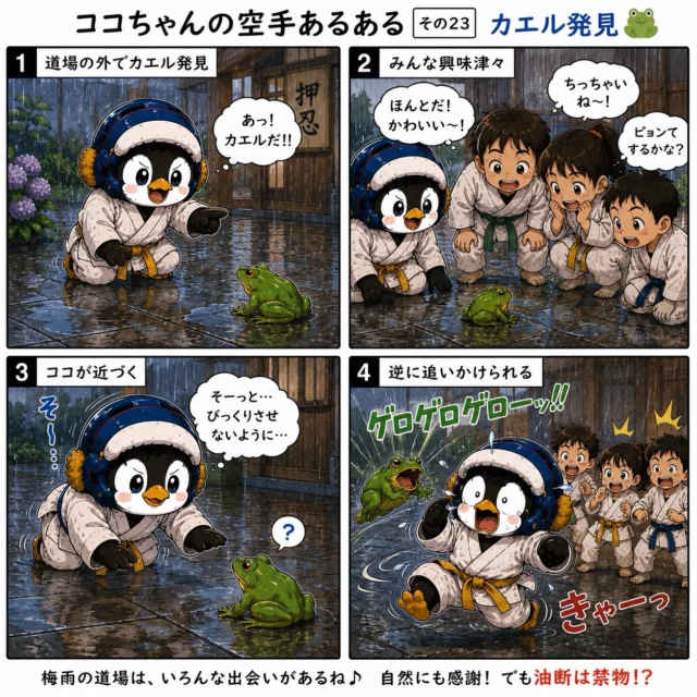 🐸🥋 ココちゃんの空手あるある その23【カエル発見】 🥋🐸

梅雨の道場には、思わぬ出会いがいっぱい😊

「かわいい〜♪」と近づいたはずなのに…
なぜか最後は追いかけられるココちゃん🤣

強い相手には立ち向かえるのに、
小さなカエルには大慌て！？

空手だけじゃなく、自然とのふれあいも楽しい季節ですね🌧️✨

みなさんは道場や大会会場で変わった生き物に出会ったことがありますか？
ぜひコメントで教えてください🐧🐸

#新極真会長崎支部 #空手あるある #ココちゃんシリーズ #空手キッズ