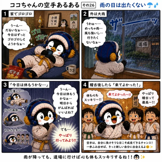 「今日は雨だから休もうかな…」

そんな日、ありませんか？☔️

でも不思議なことに、道場に着いて稽古が終わる頃には、

「来てよかった！」
「気持ちがスッキリした！」
「また頑張ろう！」

そんな気持ちになっていることがよくあります😊

空手は強くなるためだけのものではありません。

挨拶を学び、
礼儀を学び、
仲間と励まし合い、
苦しいことから逃げない心を育てる。

雨の日も、暑い日も、行きたくない日もあります。

それでも一歩踏み出して道場に来ることで、
心も体も少しずつ成長していきます✨

「やりたくない」を乗り越えた先にある達成感。
それが空手の素晴らしさです🥋

#新極真会長崎支部
#長崎空手
#空手で成長
#全てはここから始まる
