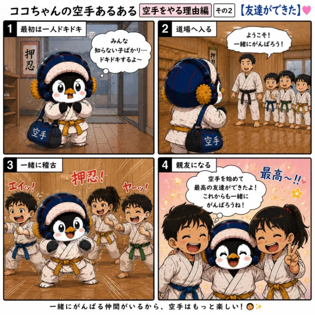 🌟【空手をやる理由編 その2 友達ができた】🌟

最初は知らない子ばかりでドキドキ…🥺

でも勇気を出して道場に入ると、
一緒に汗を流し、一緒に頑張る仲間ができる✨

試合で競い合い、
励まし合い、
時には悔し涙も一緒に流す。

空手は強くなるだけじゃない。

一生の友達に出会える場所でもあります😊

ココちゃんも最高の仲間に出会えました🐧✨

#新極真会長崎支部
#長崎空手
#空手キッズ
#ココちゃんの空手あるある