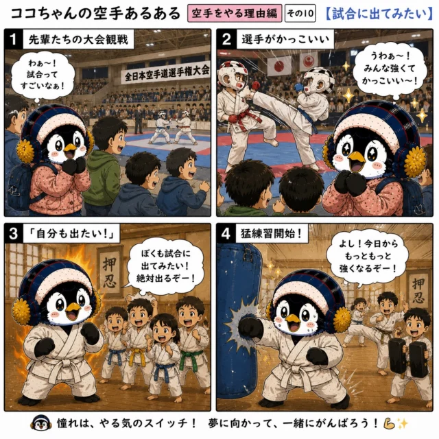 ココちゃんの空手あるある　空手をやる理由編 その10【試合に出てみたい】🥋🔥

初めて大会を見た日のこと、覚えていますか？✨

先輩たちの気迫、真剣な表情、全力で戦う姿…。
その姿に憧れて、

「いつか自分もあの舞台に立ちたい！」

そんな気持ちが生まれた子も多いはず😊

試合は勝ち負けだけじゃありません。
目標ができることで、毎日の稽古がもっと楽しくなり、もっと頑張れるようになります。

憧れは、夢への第一歩。
ココちゃんも、今日も夢に向かって猛練習です！💪✨

#新極真会 #空手キッズ #試合に出てみたい #長崎支部