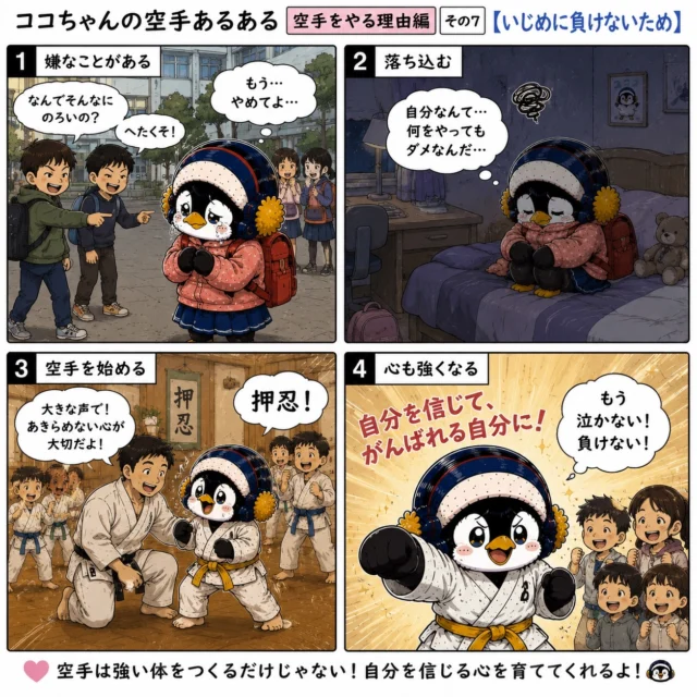 🥋✨ 空手をやる理由編 その7【いじめに負けないため】 ✨🥋

空手は、ただ強くなるための習い事ではありません。

嫌なことがあった時、
悔しい思いをした時、
自分に自信が持てなくなった時…。

道場で仲間と汗を流し、
「押忍！」と大きな声を出し、
少しずつ「自分ならできる」と思えるようになります。

本当の強さとは、
誰かを傷つける強さではなく、
自分を信じて前を向く強さ。

空手は、体だけでなく、
折れない心も育ててくれます😊🥋

#新極真会
#空手キッズ
#いじめに負けない
#習い事選び