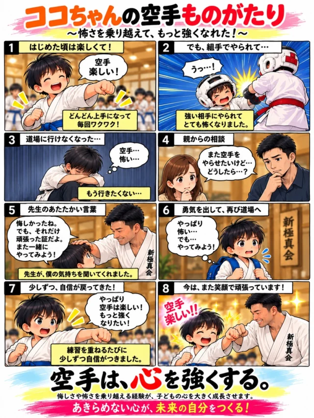 🥋✨【えいたくんの空手ものがたり】✨🐧

〜怖さを乗り越えて、もっと強くなれた！〜

最初は楽しかった空手。
でも、組手で本気で叩かれたことをきっかけに、怖くなってしまった男の子、、

「もう空手に行きたくない…」
親が説得しても空手に行く勇気が持てない、、

そんな時、先生のあたたかい言葉がもう一度踏み出す勇気をくれました。

🌱 怖くても、一歩踏み出す勇気。
🌱 失敗しても、あきらめない心。
🌱 少しずつ自分を信じる強さ。

空手で本当に強くなるのは、体だけではありません。

悔しい経験も怖い経験も子どもたちが成長する大切な一歩です。

私たち新極真会長崎支部は、勝ち負けだけではなく一人ひとりの気持ちに寄り添いながら、子どもたちの成長を応援しています😊

「できなかった」が「できた！」に変わる瞬間を、一緒に。

🥋 空手は、心を強くする。

長崎県内15道場で、無料体験受付中✨
初めてのお子さまも大歓迎です！

📩 見学・体験のお問い合わせはDMからお気軽にどうぞ！

#新極真会長崎支部
#子どもの習い事
#空手で心を育てる
#長崎空手