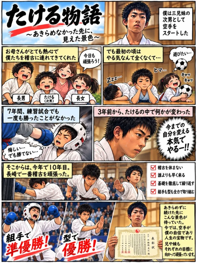 🥋【たける物語】
〜あきらめなかった先に、見えた景色〜

空手を始めて今年で10年目。

三兄妹の次男として空手を始めた、たける。

お母さんはいつも熱心に稽古へ連れてきてくれましたが、当時は遊んだり寝転んだり…😂

なんと7年間、練習試合でも一度も勝てませんでした。

そこから、たけるが変わりました。

「強くなりたい！」

そこからは誰よりも稽古に打ち込み、長崎で一番と言えるほど努力を重ねました。

そして今では…

🏆 型 優勝！
🥈 組手 準優勝！

あの頃の姿からは想像できないほど成長しました。

もちろん、お兄ちゃんも妹も、それぞれの目標に向かって成長しています😊

何より素晴らしいのは、結果が出なくても諦めずに続けてきたこと。

そして、ずっと子どもたちを支え続けてくれたお母さんにも感謝です。

努力は人を変える。継続は力なり。

三兄妹のこれからの成長が楽しみです🔥

押忍！！

#新極真会長崎県本部
#山田道場
#空手で人間形成
#継続は力なり